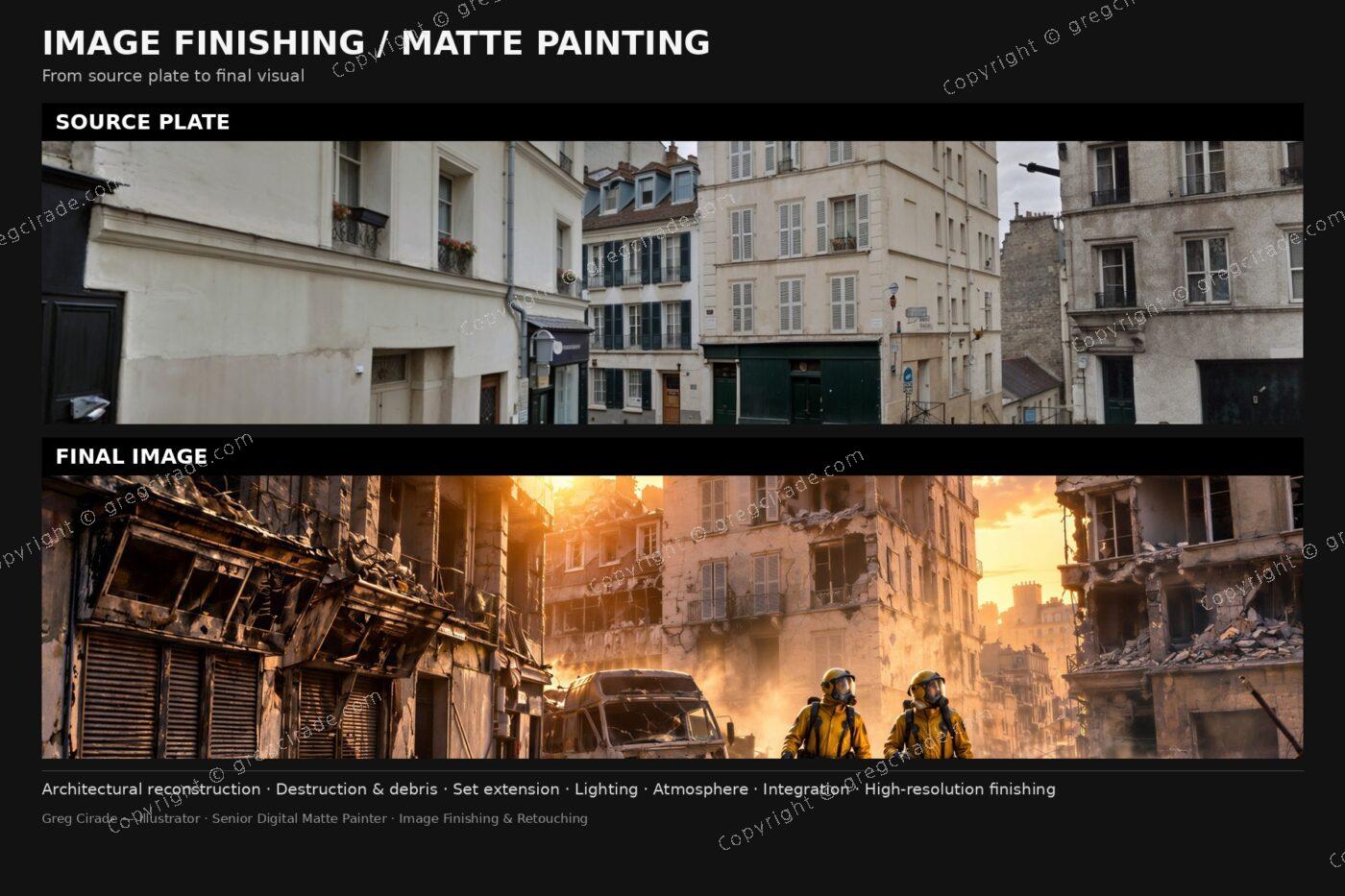 Avant/après d’une reconstruction architecturale en matte painting d’une ville détruite