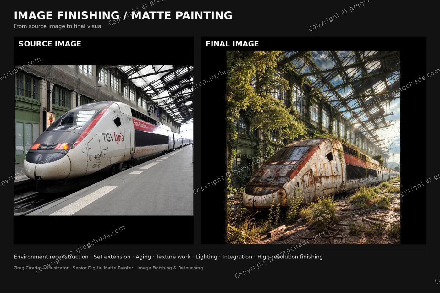 Image finishing avant/après d’un train abandonné avec reconstruction du décor et vieillissement