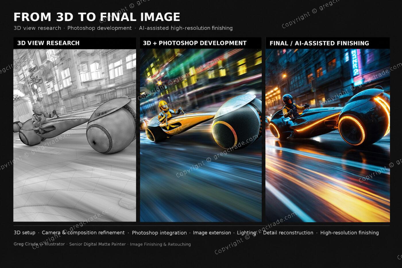 Pipeline 3D vers image finale d’une moto futuriste avec retouche et image finishing